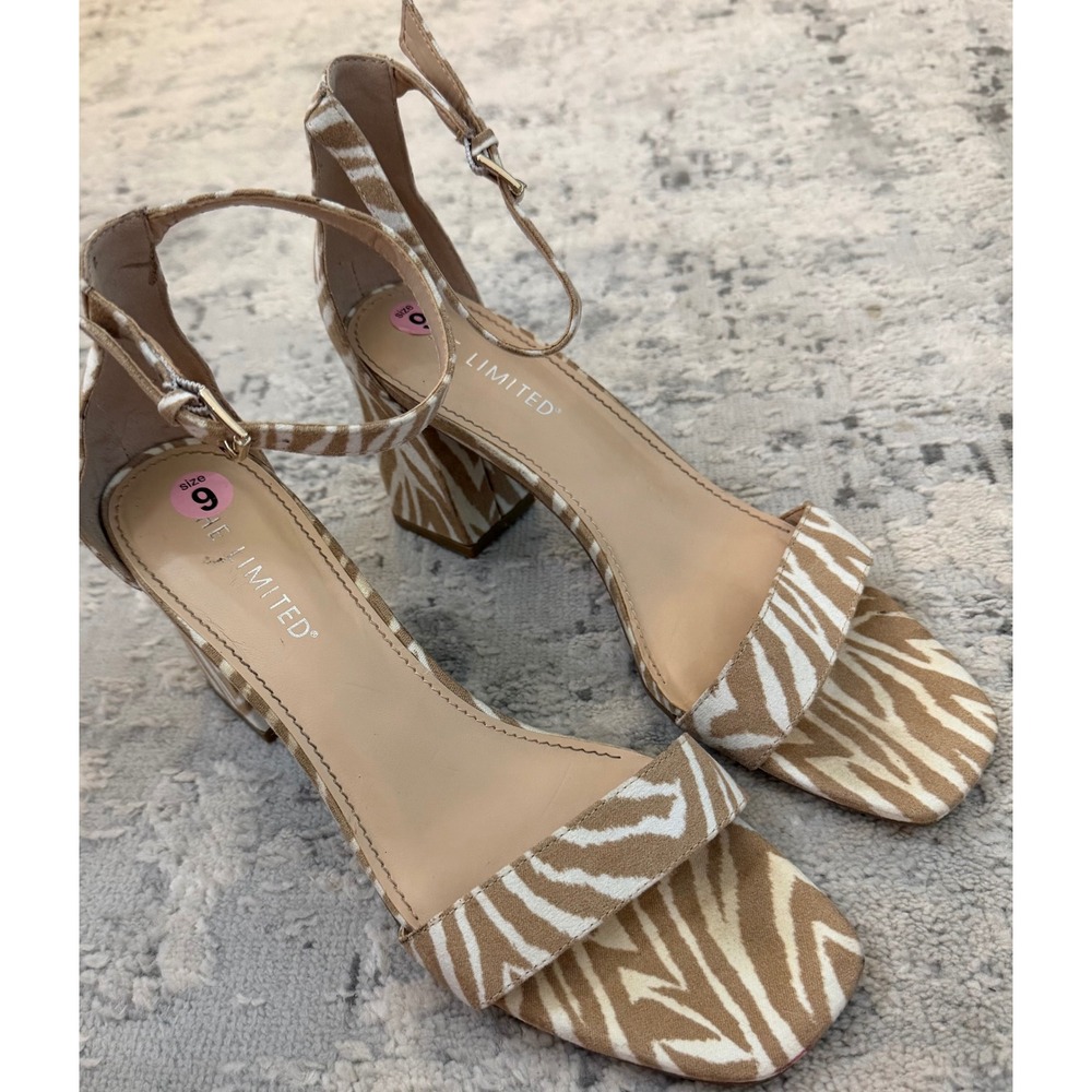 The Limited Womens Zebra Print Block Heel Sandals Square Toe Tan White Size 9